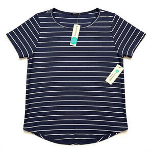 Pink Clover Top Womens L Navy White Stripe Short Sleeve Crewneck Button Back NWT